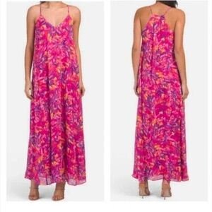 Nicole Miller New York Floral Slip Dress Pink Maxi Spaghetti Strap Pockets Small